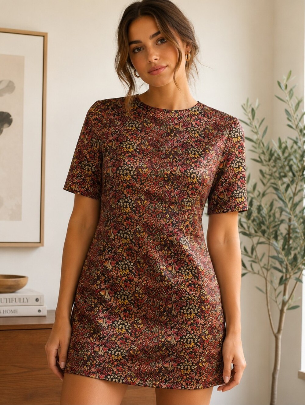 Zara Small Mini Dress Floral Burgundy Boho Cottagecore Short Sleeve Shift Tunic